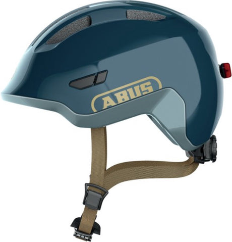 Abus Kinderhelm Smiley 3.0 Ace LED – Fahrradhelm mit Licht – tiefe Passform, Platz für einen Zopf – für Mädchen und Jungen – glänzendes Blau, Größe M
