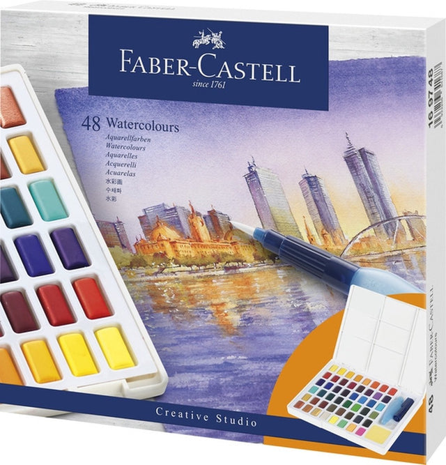 Faber-Castell Aquarell – Box mit Näpfchen – abnehmbare Palette – 48 Farben – FC-169748
