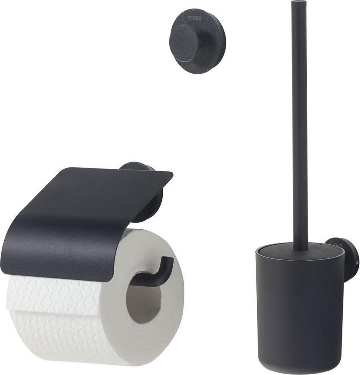 Tiger Urban Toilettenzubehörset – Toilettenbürste mit Halter – Toilettenpapierhalter mit Klappe – Handtuchhaken – Schwarz