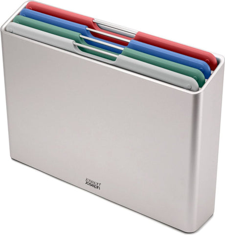 Joseph Joseph Folio™ Schneidebrettset 4-teilig – groß – Silber – farbcodiert – mit Aufbewahrungsständer – Griffe aus Edelstahl