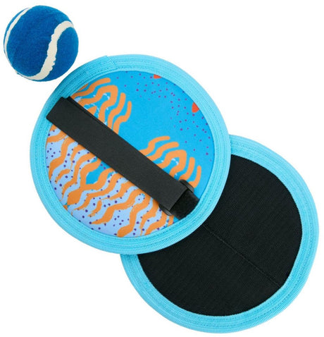 Eddy Toys Supergrip-Ball-Set – Geschicklichkeitsspiel für 2 Spieler – Ballfangspiel mit Klettverschluss – Ball ø17 cm – inklusive Neopren-Netztasche – guter Halt – für draußen und am Strand – blau