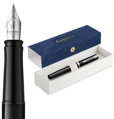 Waterman Impression Füllfederhalter | mittlere Füllfederfeder mit blauer Mine | schwarze Lackierung mit Palladiumbeschichtung | Geschenkbox