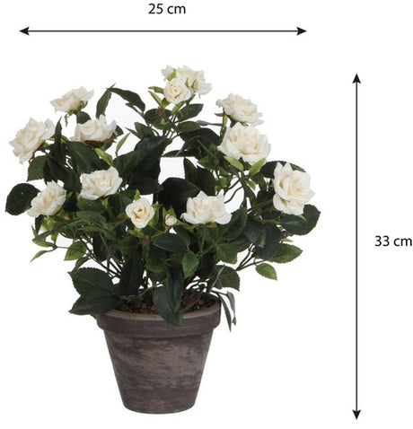 Glimmerdekorationen Rosenstrauch Kunstpflanze im Blumentopf Standard – H33 x ø25 cm – Weiß