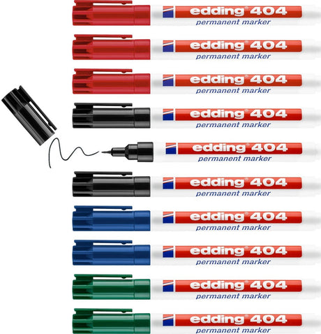 Edding 404 permanent marker - zwart, rood, blauw, groen - 10 stiften - ronde punt 0,75 mm - water en wrijfvast - voor karton, kunststof, hout, metaal, etc. - alcohol markers voor volwassenen