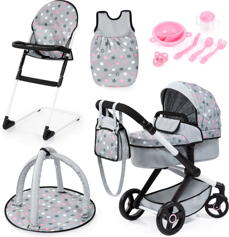 Bayer Design Xeo Puppenwagen-Set, mit Tasche, Hochstuhl, Schlafsack, Spielbogen, Puppenzubehör, in Grau