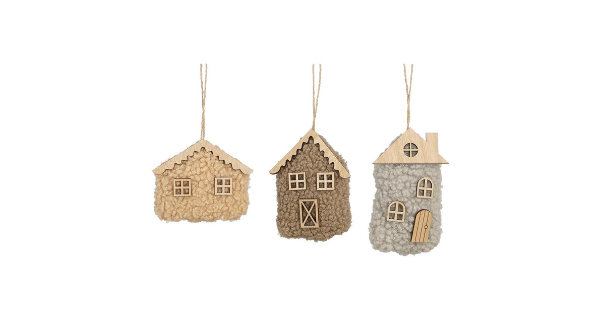 Ornament huis d.bruin grijs l.bruin 3 assorti - l13xb10xh4cm