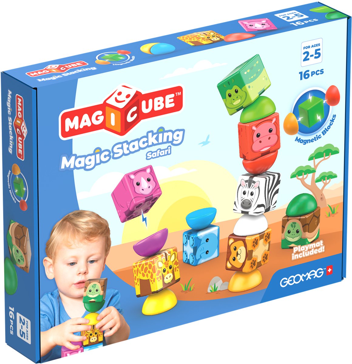 Geomag magicube stacking safari - magnetische stapelblokken voor peuters - 16-delig - vanaf 2 jaar
