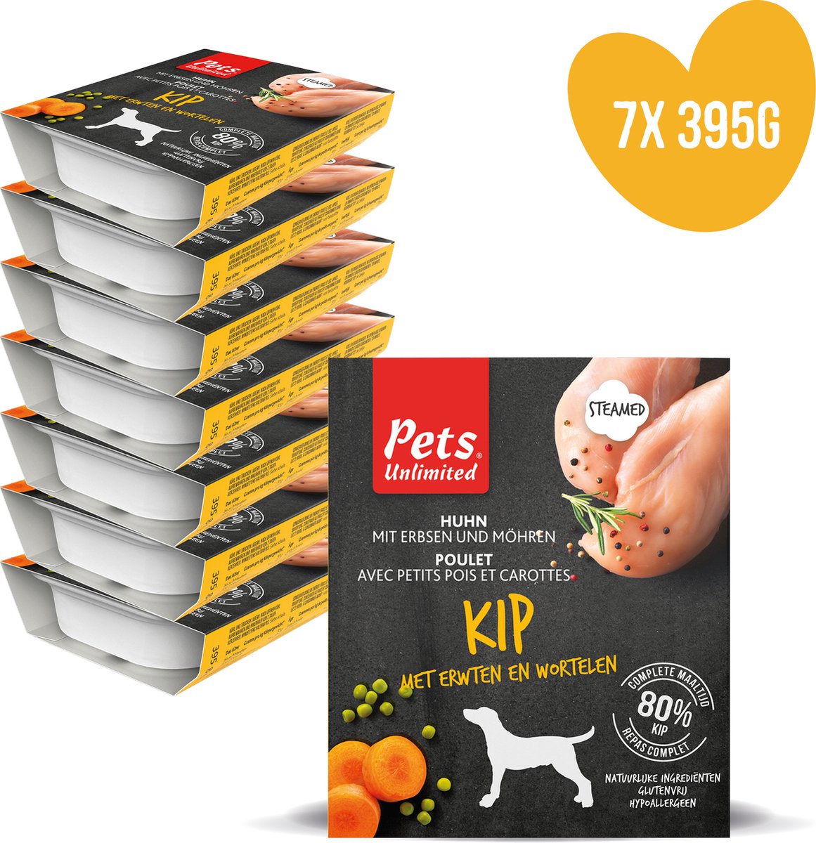 Pets unlimited - honden natvoer -kip - gestoomde maaltijd - 7 bakjes x 395g