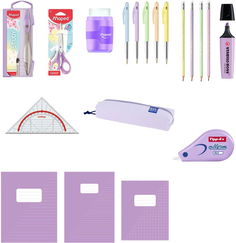 Diverse merken back to school - complete schoolset - schriften a4 a5, etui, schrijfwaren en geometrieset - pastel paars