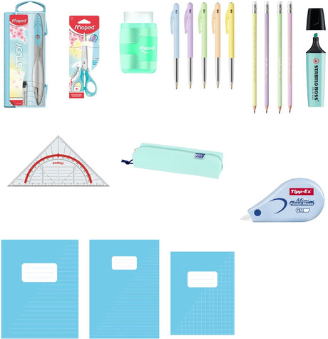 Diverse merken back to school - complete schoolset - schriften a4 a5, etui, schrijfwaren en geometrieset - pastel aqua-blauw