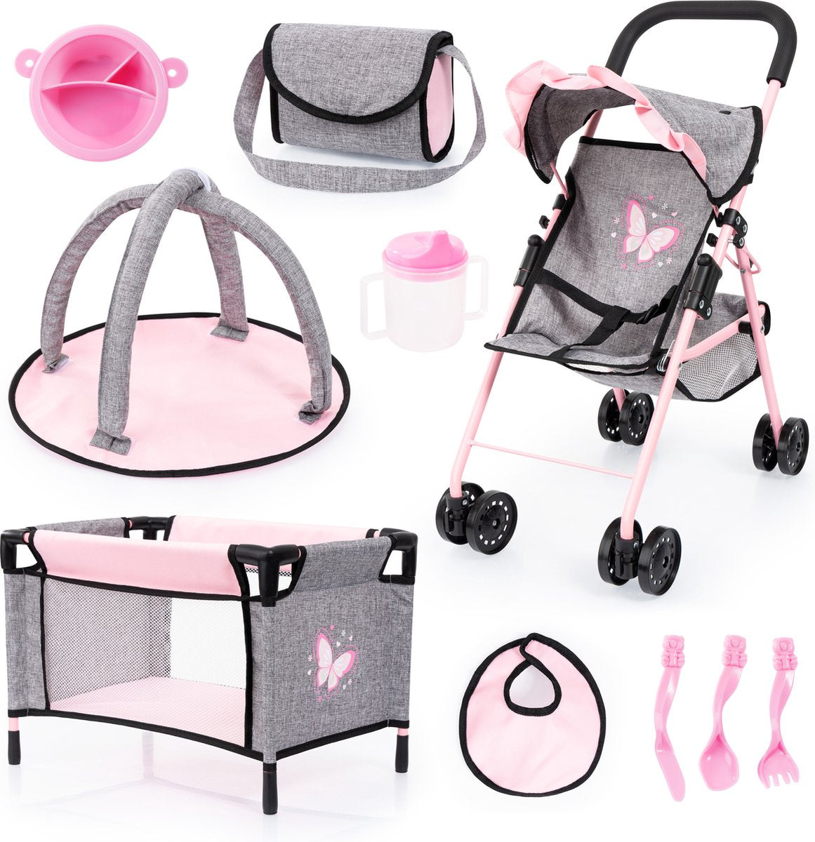 Bayer design - poppenbuggy, bedje, speelboog, tas, accessoires