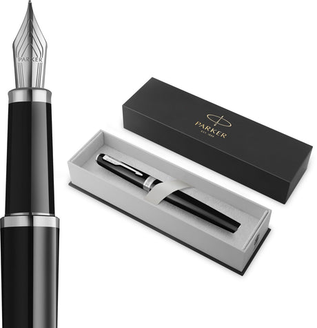 Parker meridian vulpen | zwarte lak met chroomafwerkingen | middelgrote penpunt | handschriftpennen schrijfwaren | blauwe inkt | luxe cadeaudoos