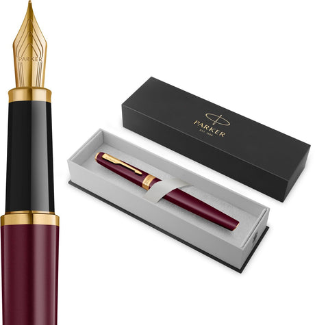 Parker meridian vulpen | rode lak met gouden accenten | middelgrote penpunt | handschriftpennen schrijfwaren | blauwe inkt | luxe cadeaudoos