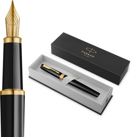 Parker meridian vulpen | zwarte lak met gouden accenten | fijne penpunt | handschriftpennen schrijfwaren | blauwe inkt | luxe cadeaudoos