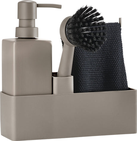 Zone Denmark Geschirrspülset 19 x 6 x 20,5 cm mit Spültuch, Seifenspender aus Keramik und Spülbürste – 4-teilig Taupe – Geschirrspülset