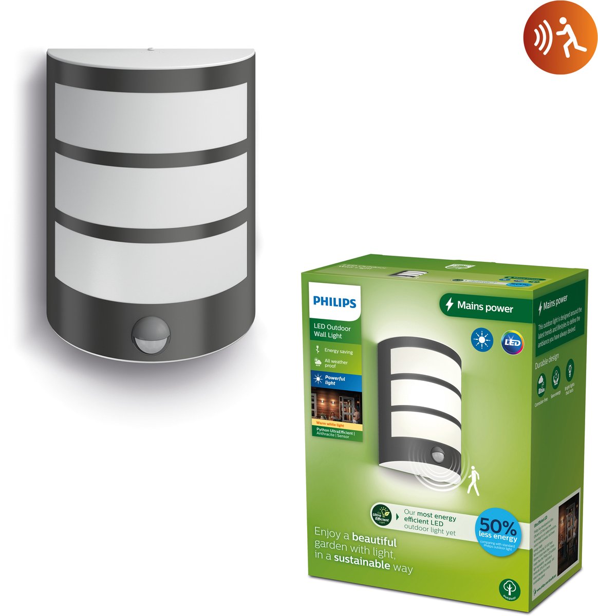 Philips led philips python wandlamp - ultra efficient - antraciet - met sensor - 3,8w