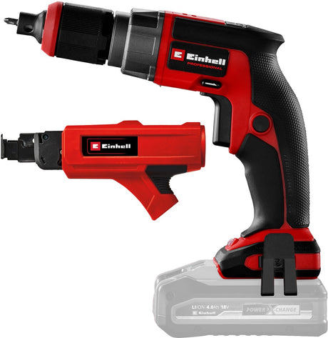 Einhell Profi-Akku-Gipskartonschrauber TP-DY 18 LI Solo - Power X-Change - 18 V Li-Ion - 5000 t min - Tiefenanschlag - Dauerbetrieb - inkl. Magazin und Koffer E-Box S35 - exkl. Akku und Ladegerät
