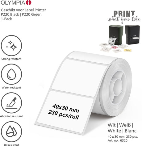 Olympia thermische etiketten ol6320 - 40 x 30 mm - wit - 230 pcs. - thuis | kantoor | hobby - 1-pack