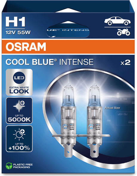 Osram Cool Blue Intense Next Gen H1-Halogen-Autolampen – weißeres Licht und bis zu 100 % mehr Sichtbarkeit – deutsche Qualität – Set mit 2 Lampen – 64150cbn-2hb