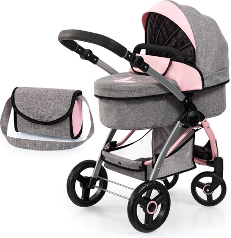 Bayer Design City Max Puppenwagen mit Tasche, höhenverstellbar, schwenkbare Vorderräder, umbaubar zum Jogger, integrierter Korb, Jeansgrau, Pink
