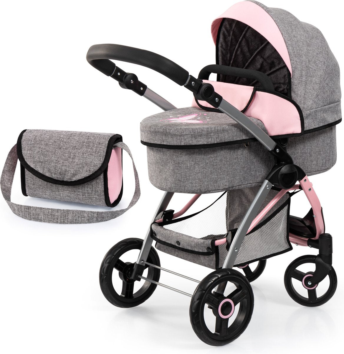 Bayer Design City Max Puppenwagen mit Tasche, höhenverstellbar, schwenkbare Vorderräder, umbaubar zum Jogger, integrierter Korb, Jeansgrau, Pink