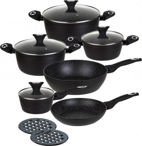 Klausberg 7244 Pfannenset - 12-teilig - Marmor-Keramik-Beschichtung - geschmiedetes Aluminium - Cool Touch - induktionsgeeignet alle Herdarten - schwarz
