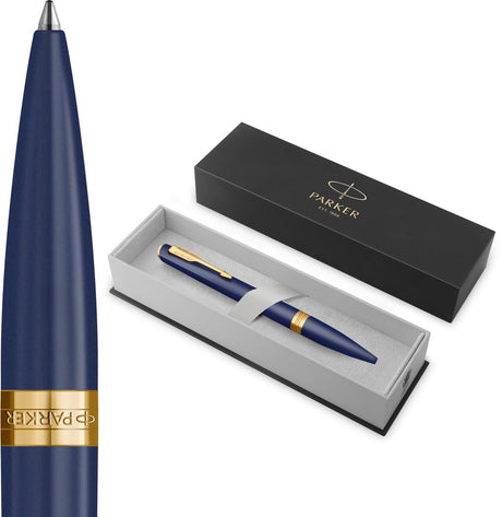 Parker meridian balpen | blauwe lak met gouden accenten | middelgrote penpunt | handschriftpennen schrijfwaren | blauwe inkt | luxe cadeaudoos