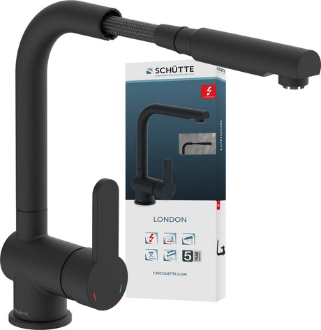 Schütte London Design Küchenarmatur für Durchlauferhitzer mit freiem Auslauf – Niederdruck – Mischbatterie – hoher, schwenk- und ausziehbarer Auslauf – seitlicher Griff – mattschwarz