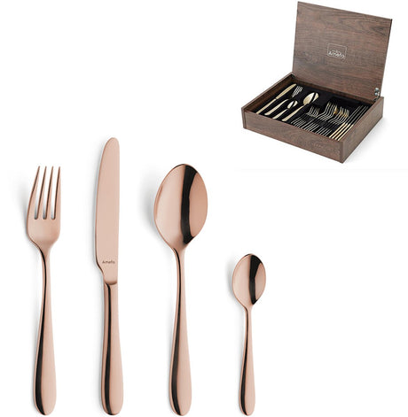 Amefa Oxford Kupfer – 24-teiliges Besteckset – 6 Personen – in luxuriöser Holzkassette – Premium PVD-Beschichtung – hochwertiger 18 10 Chromnickelstahl