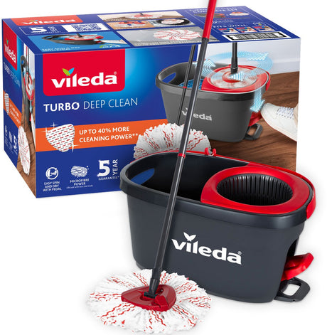 Vileda Turbo Deep Clean Wischsystem – komplettes Wischset mit Eimer und Pedalpresse – Teleskopstiel 65–131 cm – leistungsstarker Mikrofaser-Wischmopp