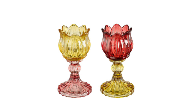 Theelicht houder tulp roze paars 2 assorti - h15xd8cm