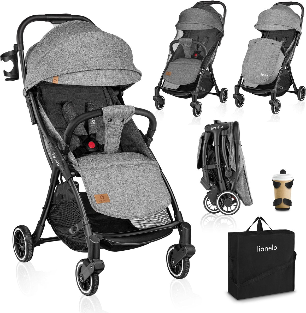 Lionelo Julie One Buggy – Kinderwagen bis 22 kg – Premium – automatisch klappbar – Rückenlehne in Liegeposition – Belüftungspanel – verlängertes Verdeck mit Fenster – Details aus Öko-Leder – inklusive Fußsack, Getränkehalter, Moskitonetz, Transporttasche