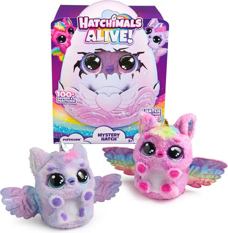 Verschiedene Hatchimals, lebendiges Geheimschlüpfen Pufficorn