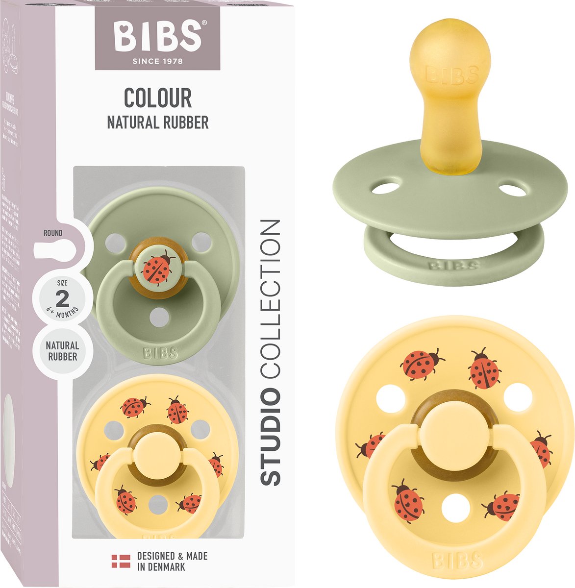 Bibs Colour Studio Sauger 2er Pack. BPA-freier, runder Sauger. Naturkautschuklatex, hergestellt in Dänemark, Größe 2 (6–18 Monate), helle Salbeibutter