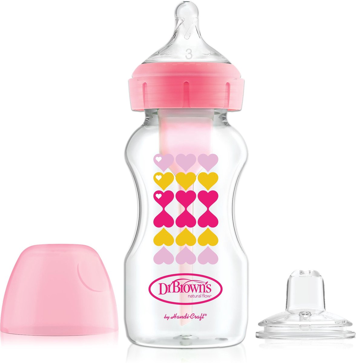 Dr. brown's dr. brown’s bottle to sippy starter kit babyfles - brede halsfles - 270 ml - roze