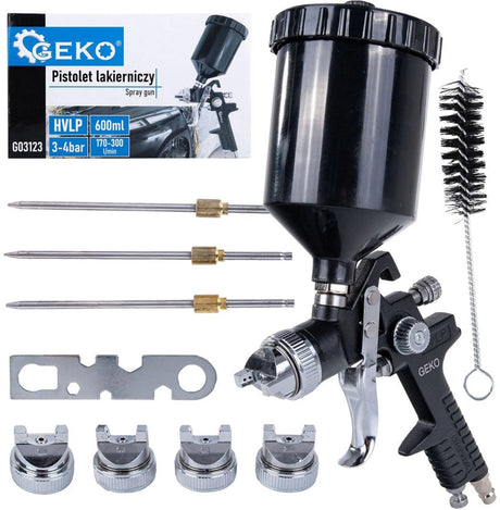 Geko hvlp verfspuitpistool - 4 verwisselbare nozzles - 600 ml capaciteit - 3-4 bar werkdruk