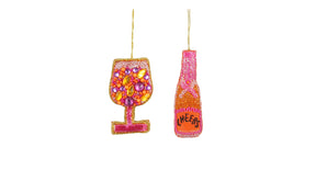 Ornament champagne glas fles roze 2 assorti - l6,5xb11xh2,5cm