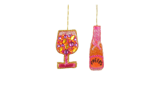 Ornament champagne glas fles roze 2 assorti - l6,5xb11xh2,5cm