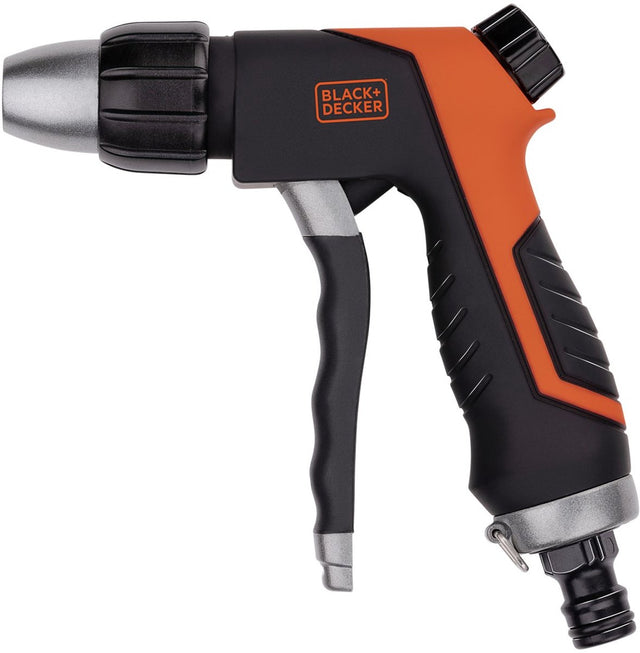 Black+Decker Spritzpistole – Gartenschlauchdüse – einstellbarer Wasserdurchfluss – ABS-Kunststoff und thermoplastischer Gummi – Schwarzorange