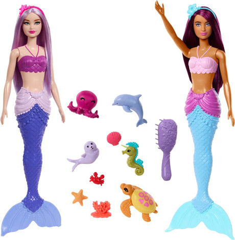 Barbie zeemeerminpoppen set van 2 - met zeedieren, haarbanden en oceaanaccessoires