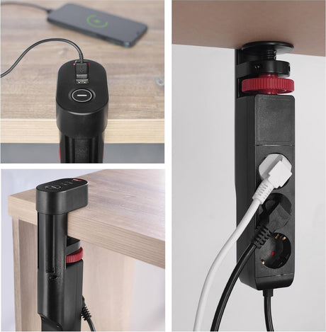 Emos verticale stekkerdoos 3-voudig met 2x usb-a-poort en 1x usb-c poort, usb-snel opladen, meervoudige stekkerdoos met tafelklem en schakelaar, 1,5 m kabel 1,5 mm2, verhoogde aanraakbeveiliging, voor