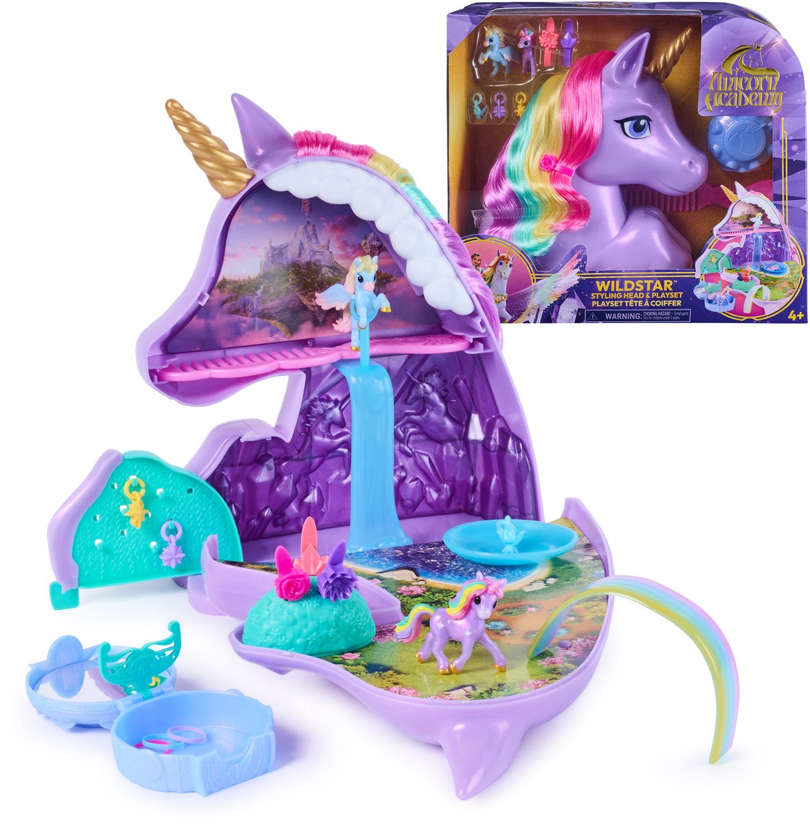 Unicorn academy , 2-in-1 wildstar-kaphoofd en -speelset met minifiguren met meer dan 15 onderdelen en haaraccessoires, poppen en eenhoornspeelgoed, verjaardagscadeaus