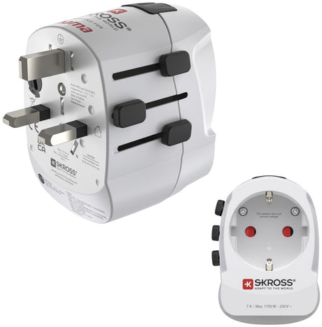 Hama Skross by Travel Plug – World Travel Pro – EUR (Typ E, F) zu World – 1x USB-A, 1x USB-C PD – Weiß