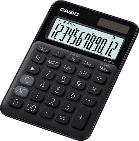 Markenloser Tischrechner von Casio MS-20UC-BK, Schwarz, Anzahl der Anzeigepositionen: 12, solarbetrieben, batteriebetrieben (B x H).
