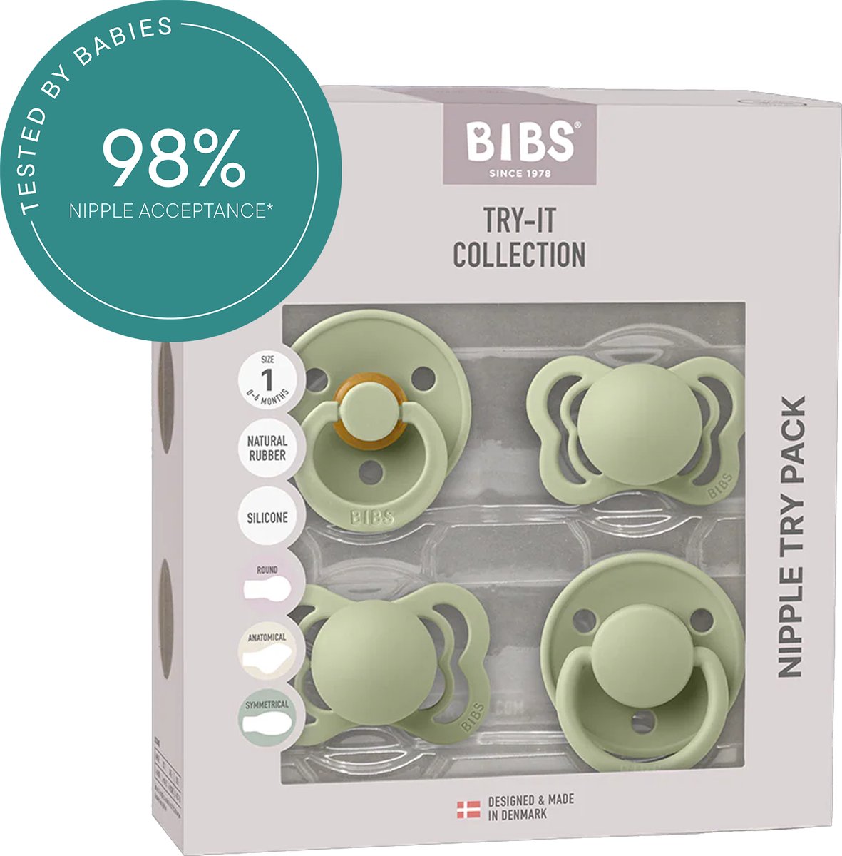 Bibs try-it collection fopspeen - 0-6 mnd - 4-pack - sage