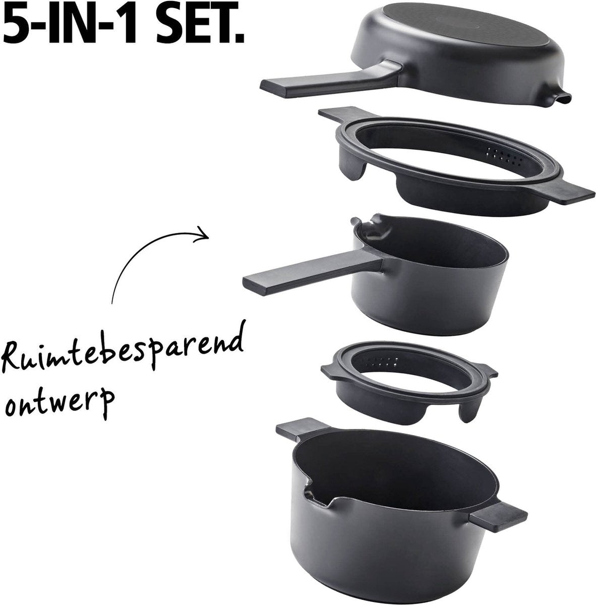 Brabantia compact all-in-one-set – stapelbare 5-delige pannenset camping - 22cm kookpan – 22cm koekenpan- 16cm steelpan- trendy design-stapelbaar - 100% pfas-vrij – 100% gerecycleerd - anti-aanbaklaag- aluminium- - incl. onderzetters - zwart