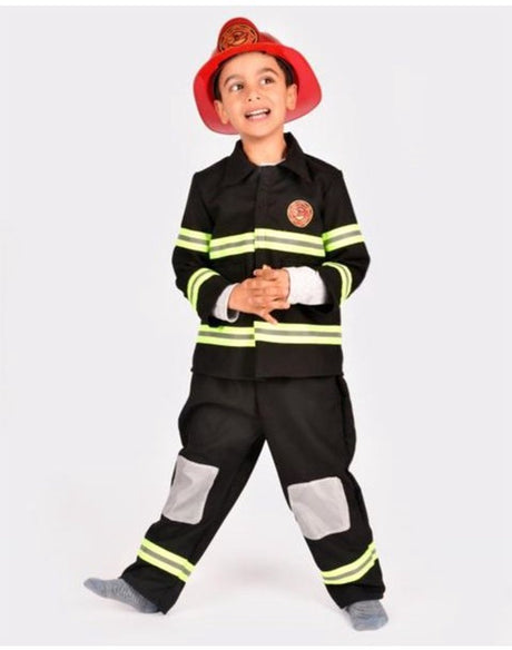Den Goda Fen Feuerwehrmann-Kostüm – Kostüm bestehend aus Jacke, Hose, Helm und Sturmhaube – 110–116 cm – 4–6 Jahre – Schwarz 110 116