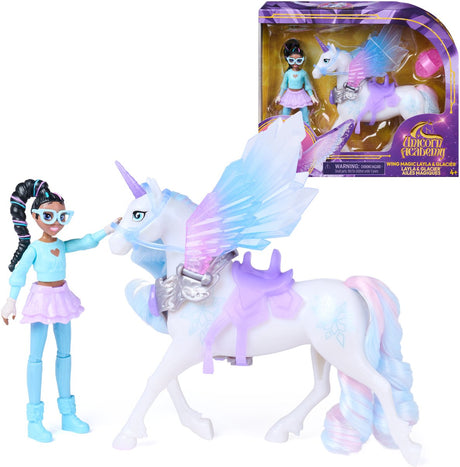 Unicorn academy layla glacier met vleugelmagie, beweegbare pop van 11,4 cm en eenhoorn met vleugels van 12,7 cm, 4 accessoires, poppen en eenhoornspeelgoed, verjaardagscadeaus