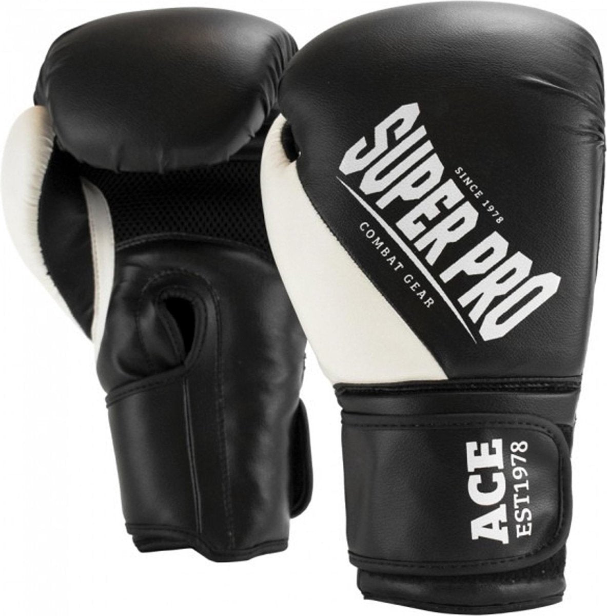 Super pro combat gear ace (kick)bokshandschoenen zwart wit 14oz