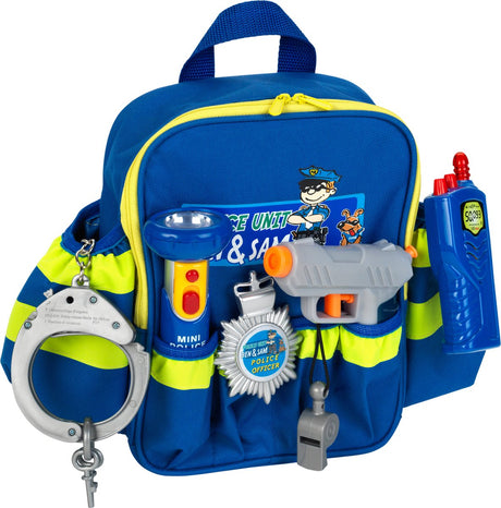Klein Toys Polizist Rucksack - 28x25x8,5 cm - inkl. Zubehör, verstellbare Träger und eine große Öffnung zum einfachen Packen und Aufbewahren – blau gelb